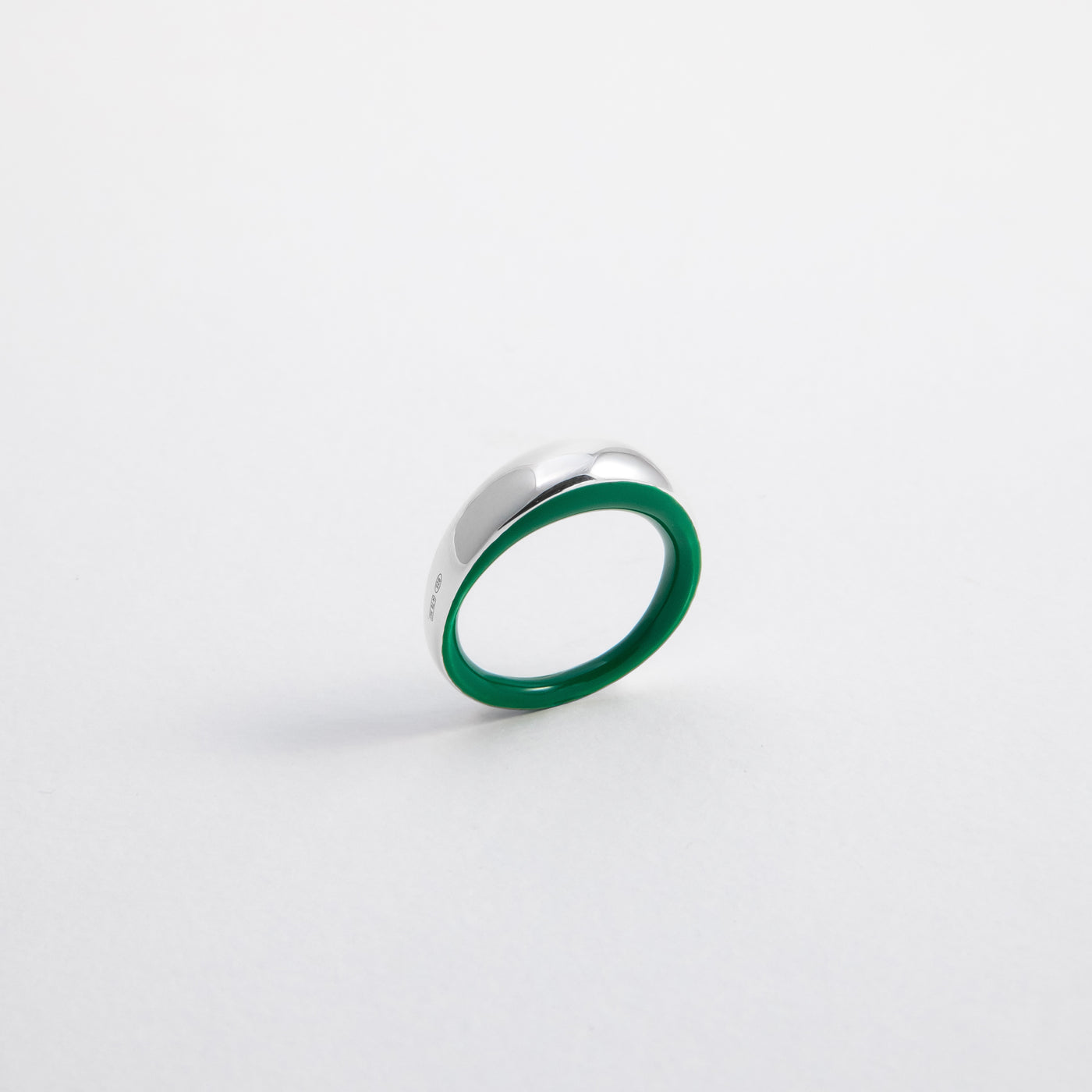 Internally hand-enameled 925 sterling silver green dome ring. Produced in Italy