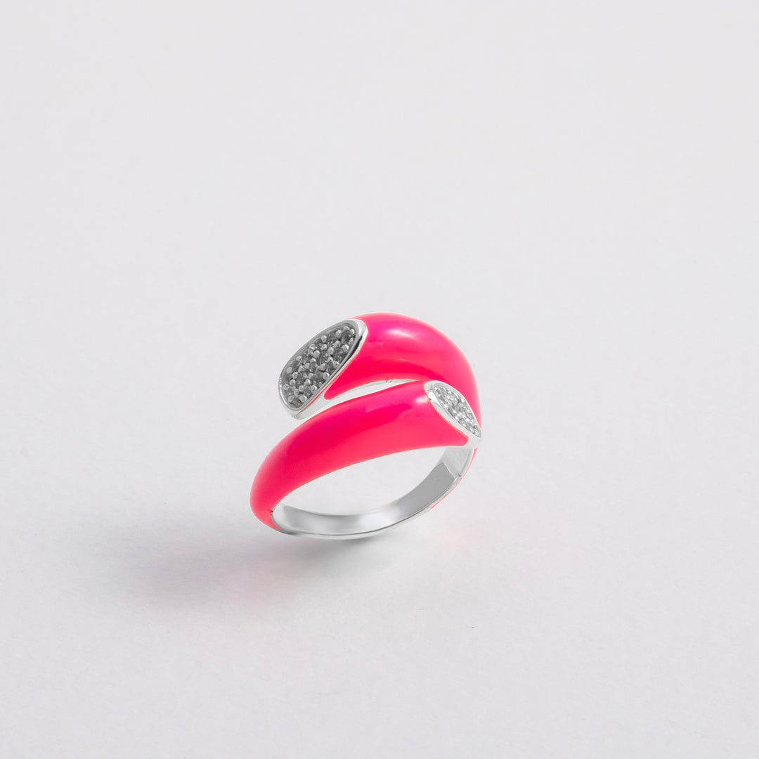 Hand-enameled 925 sterling silver pink toi et moi open dome crystal ring. Produced in Italy