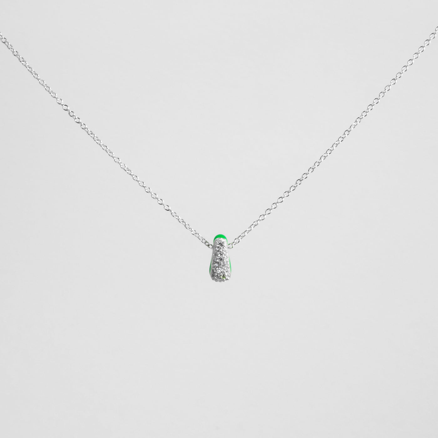 GREEN ETCH DROP SILVER NECKLACE WITH PAVÉ