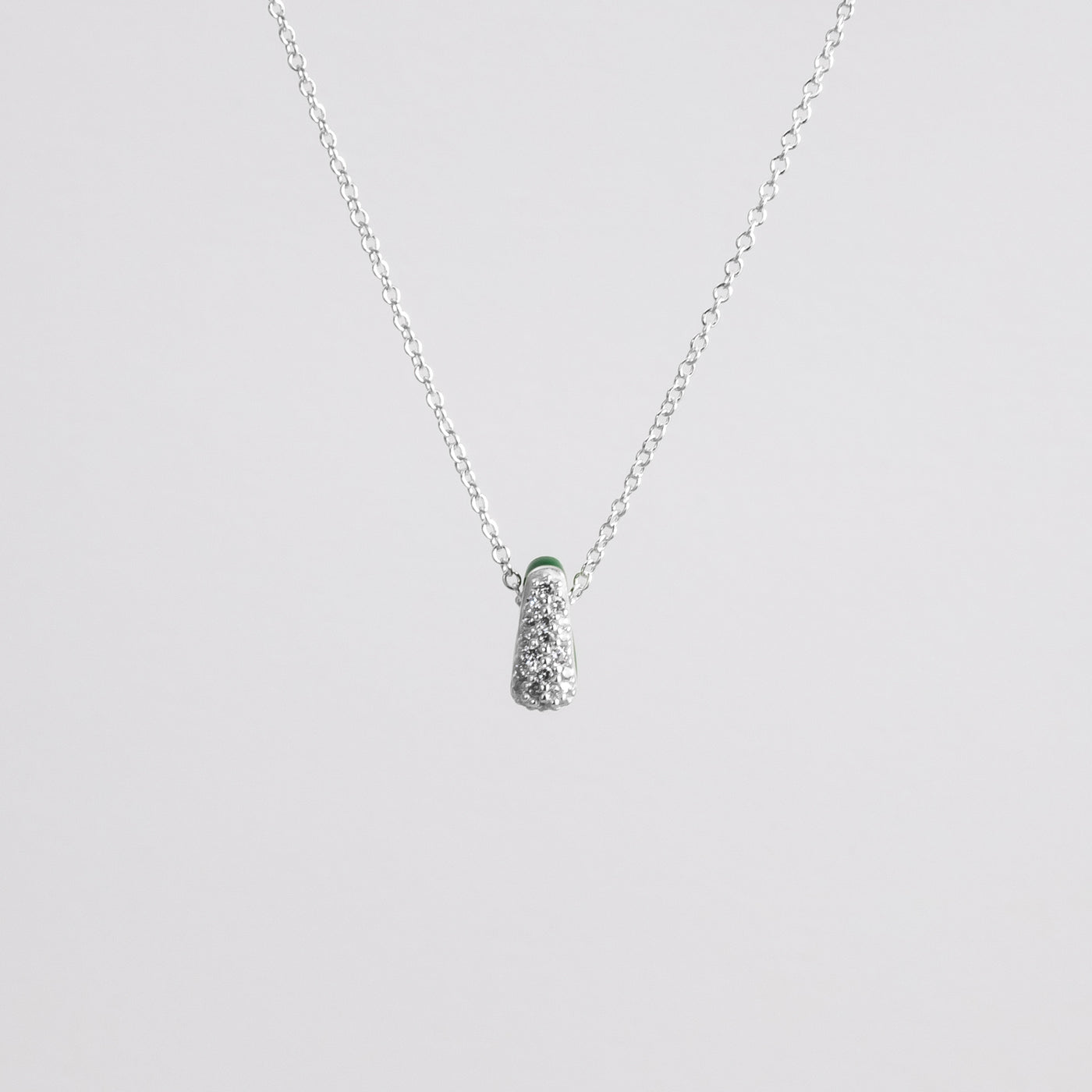 GREEN GRASS ETCH DROP SILVER NECKLACE WITH PAVÉ