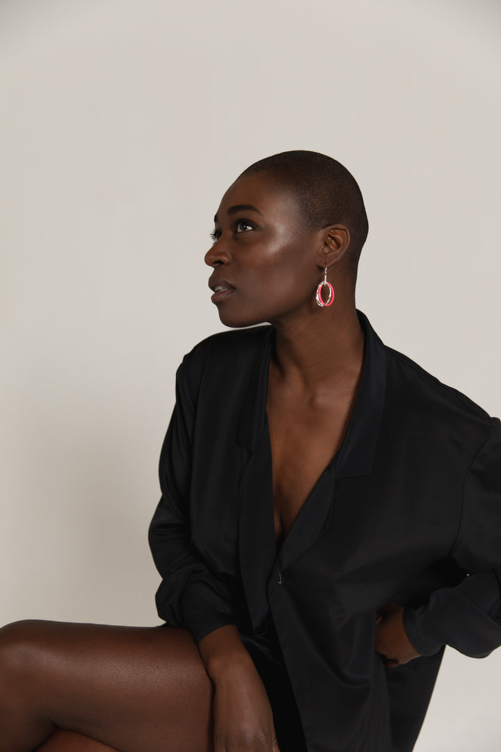 PINK ETCH LINES SILVER PENDANT EARRINGS