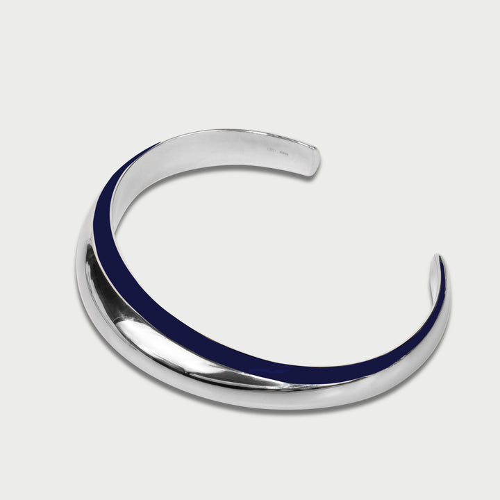 Cuff bracelet in 925 sterling silver, sculptural domed design, indigo blu enamel, NOVA collection, by Reveli.