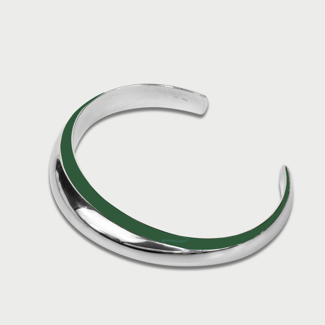 Cuff bracelet in 925 sterling silver, sculptural domed design, moss green enamel, NOVA collection, by Reveli.