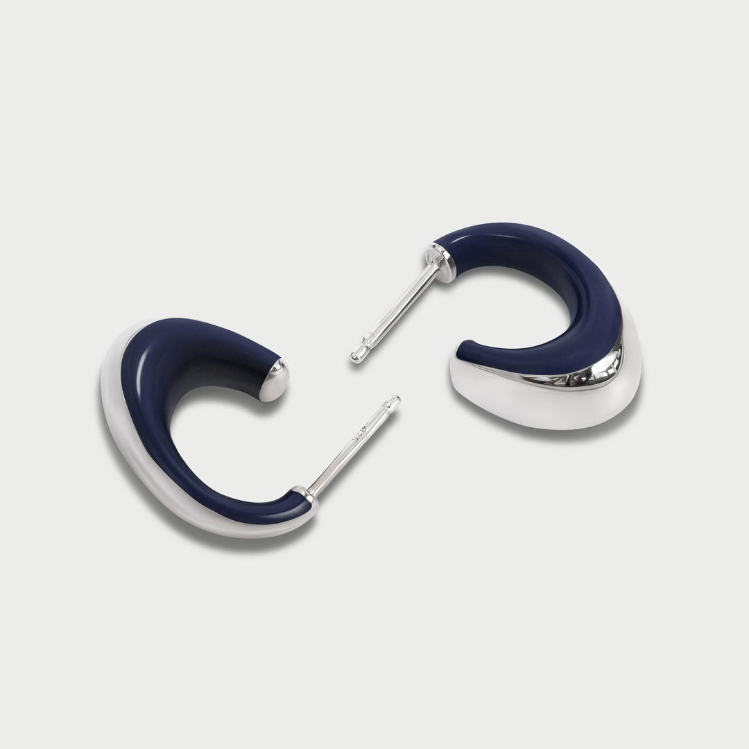 Earrings in 925 sterling silver, sculptural domed design, indigo blu enamel, NOVA collection, by Reveli.
