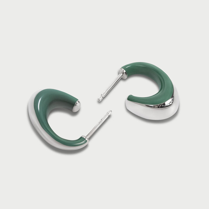 Earrings in 925 sterling silver, sculptural domed design, moss green enamel, NOVA collection, by Reveli.