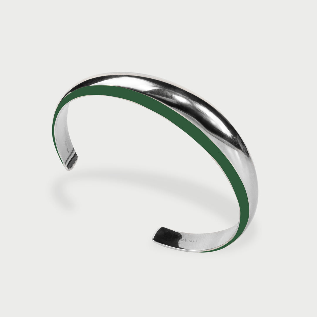 Il bracciale cuff  in argento 925 bombato scultoreo smalto verde moss collezione NOVA brand Reveli 