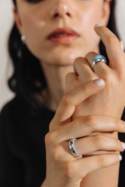 LIGHT BLUE SILVER ETCH DOME RING