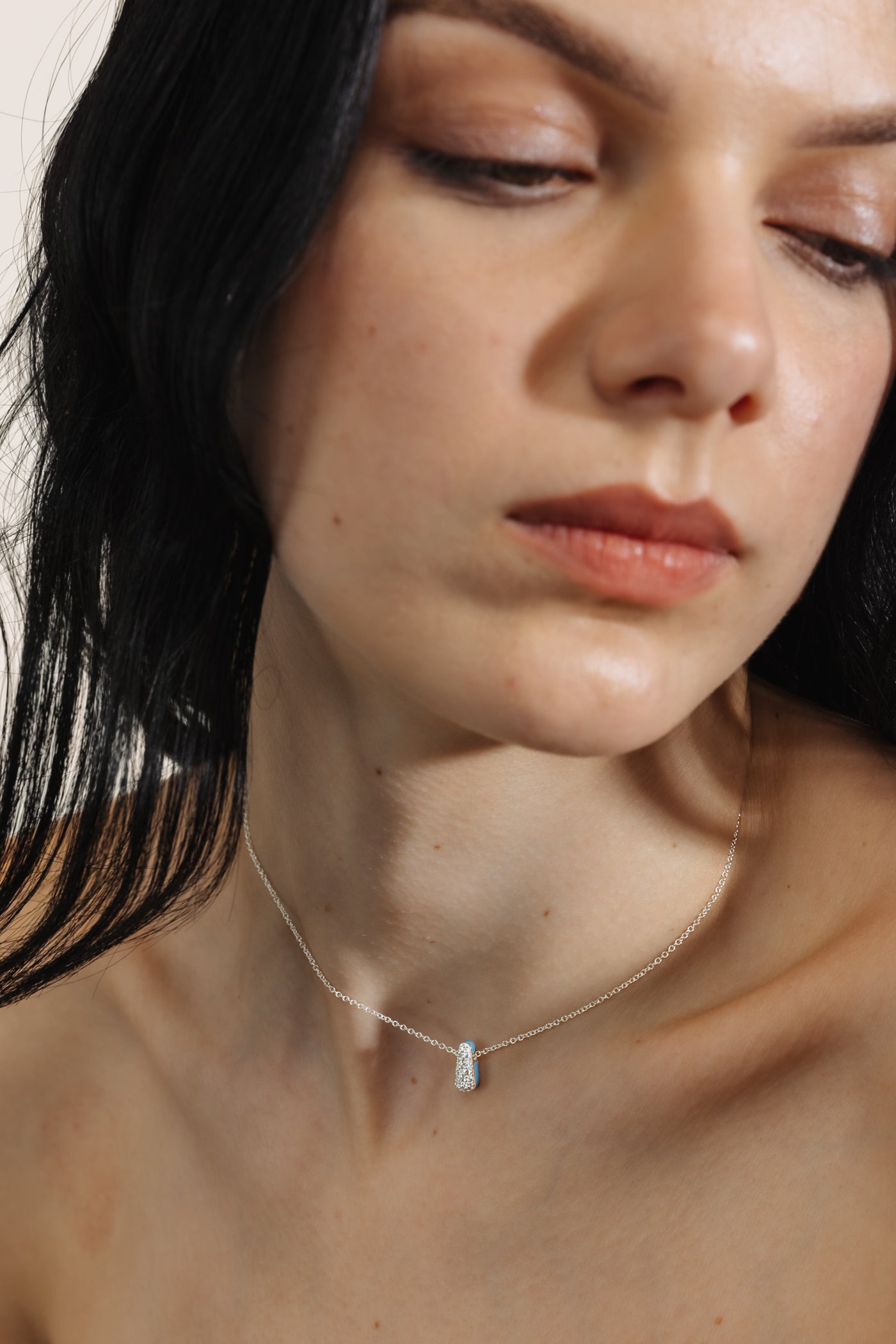 LIGHT BLUE ETCH DROP SILVER NECKLACE WITH PAVÉ