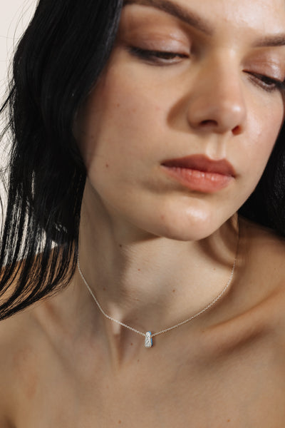 LIGHT BLUE ETCH DROP SILVER NECKLACE WITH PAVÉ