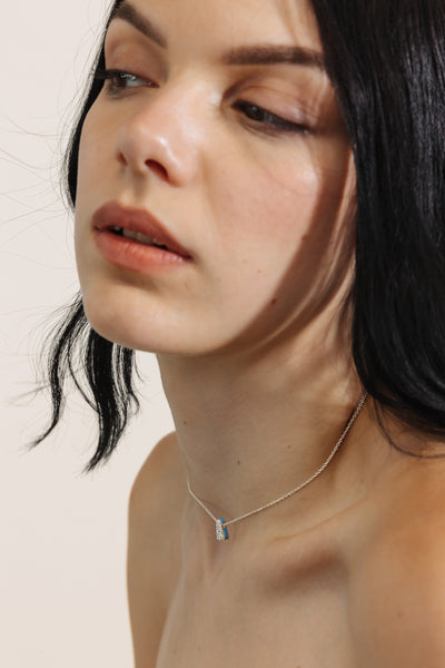 LIGHT BLUE ETCH DROP SILVER NECKLACE WITH PAVÉ