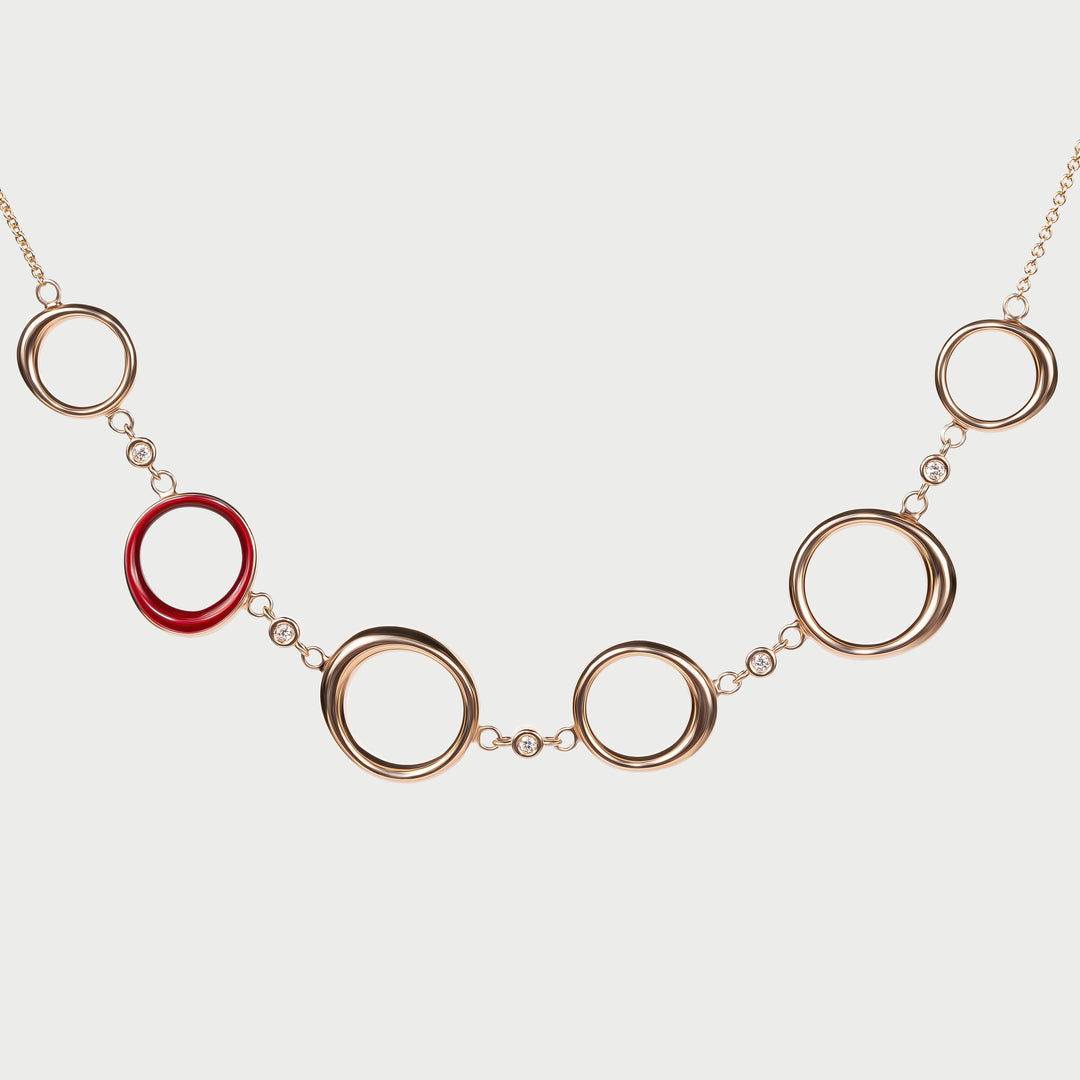 Necklace in rose gold, sculptural domed design, with lab grown diamonds and rouge enamel, NOVA collection, by Reveli.