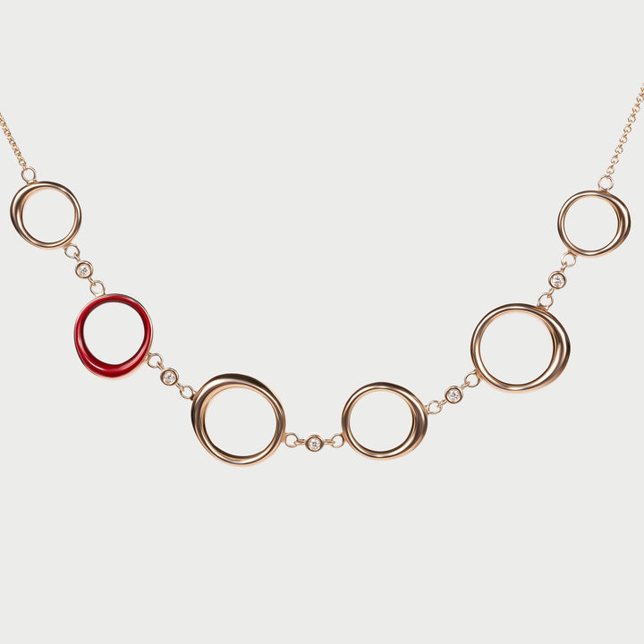Necklace in rose gold, sculptural domed design, with lab grown diamonds and rouge enamel, NOVA collection, by Reveli.