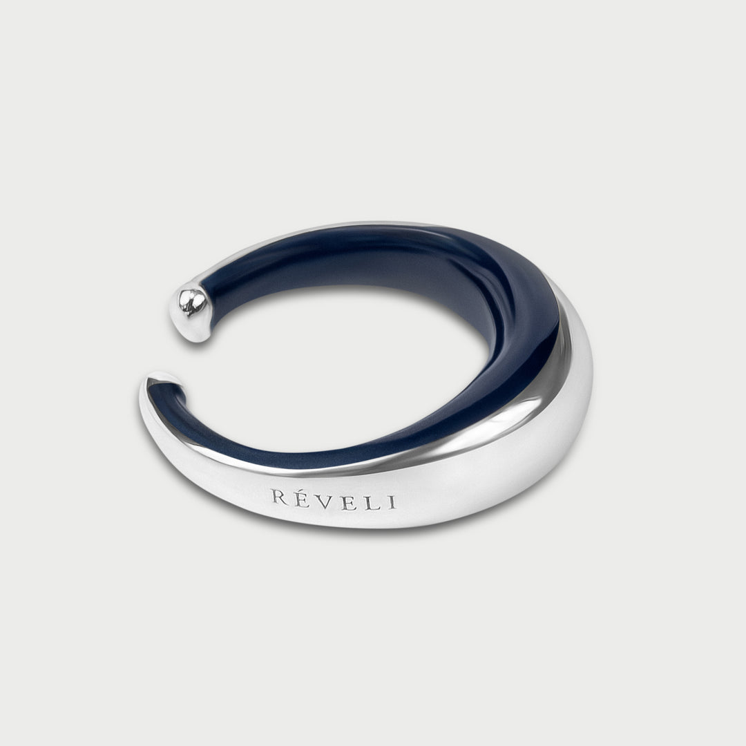 Orecchino cuff in argento 925 bombato scultoreo smalto blue indigo collezione NOVA brand Reveli 