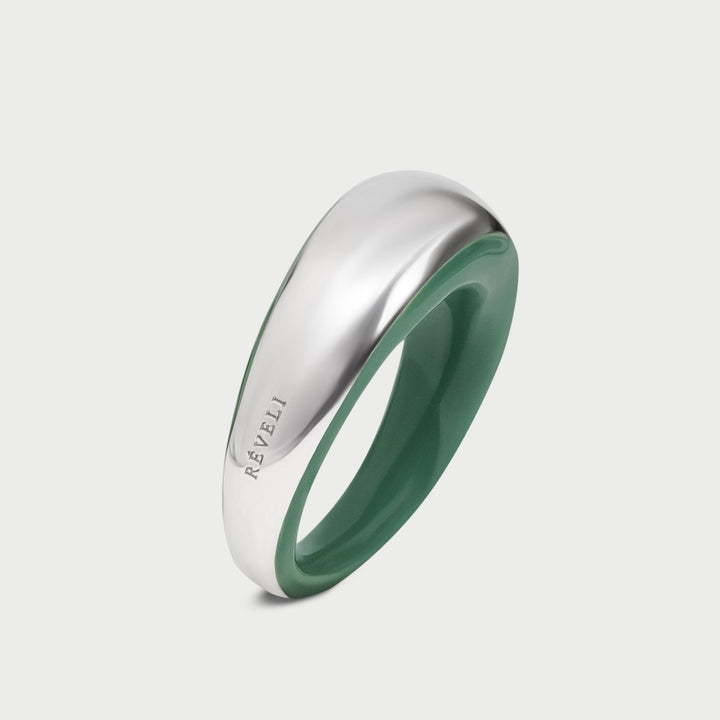 Ring in 925 sterling silver, sculptural domed design, moss green enamel, NOVA collection, by Reveli.