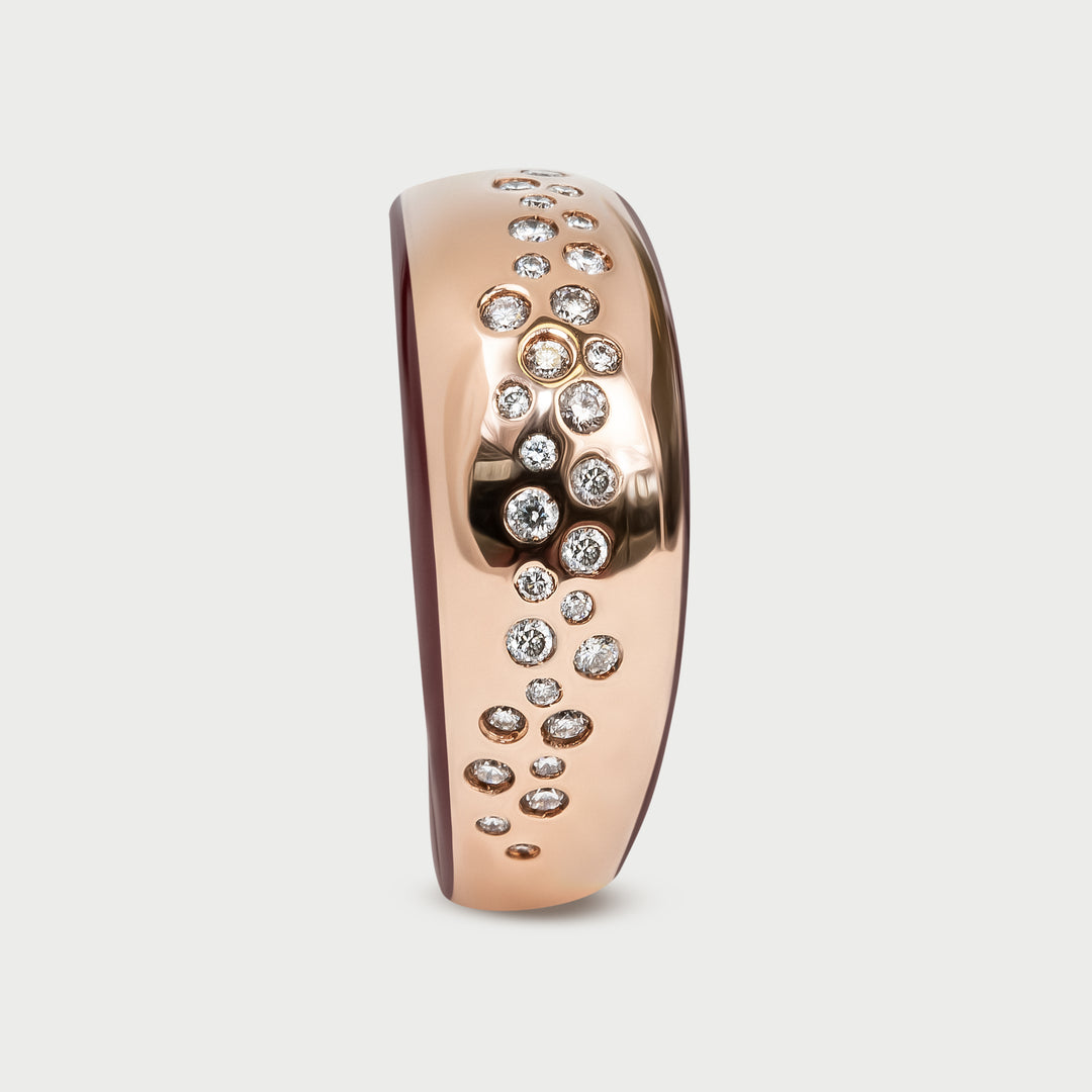 Ring in rose gold, sculptural domed design, lab diamonds and rouge enamel, NOVA collection, by Reveli.