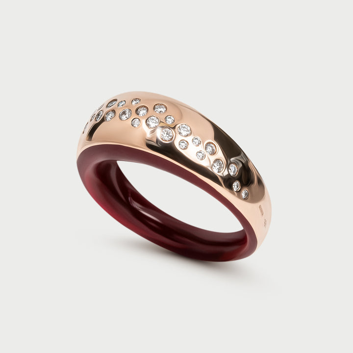 Ring in rose gold, sculptural domed design, lab diamonds and rouge enamel, NOVA collection, by Reveli.