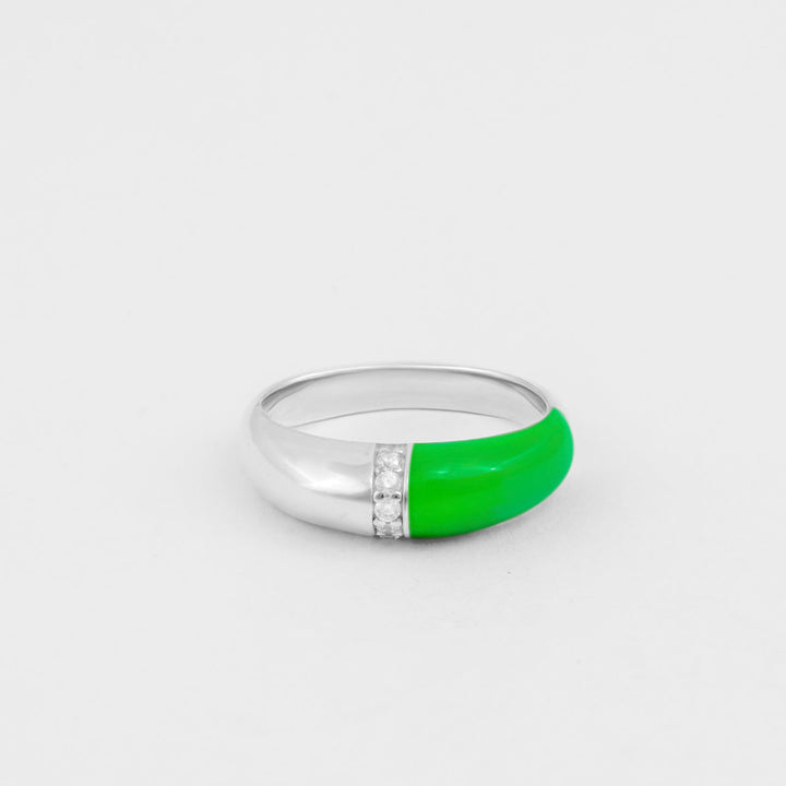 Hand-enameled 925 sterling silver dome ring with neon green enamel and round-cut crystals. Produced in Italy. Réveli