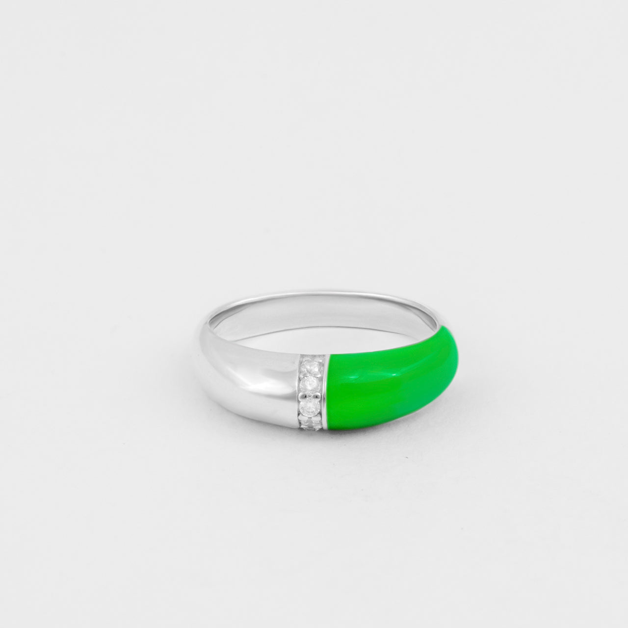 Hand-enameled 925 sterling silver dome ring with neon green enamel and round-cut crystals. Produced in Italy. Réveli