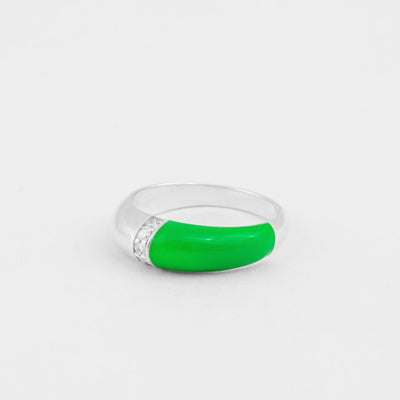 Hand-enameled 925 sterling silver dome ring with neon green enamel and round-cut crystals. Produced in Italy. Réveli