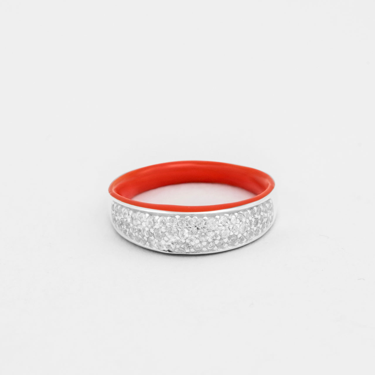 Internally hand-enameled 925 sterling silver coral dome ring