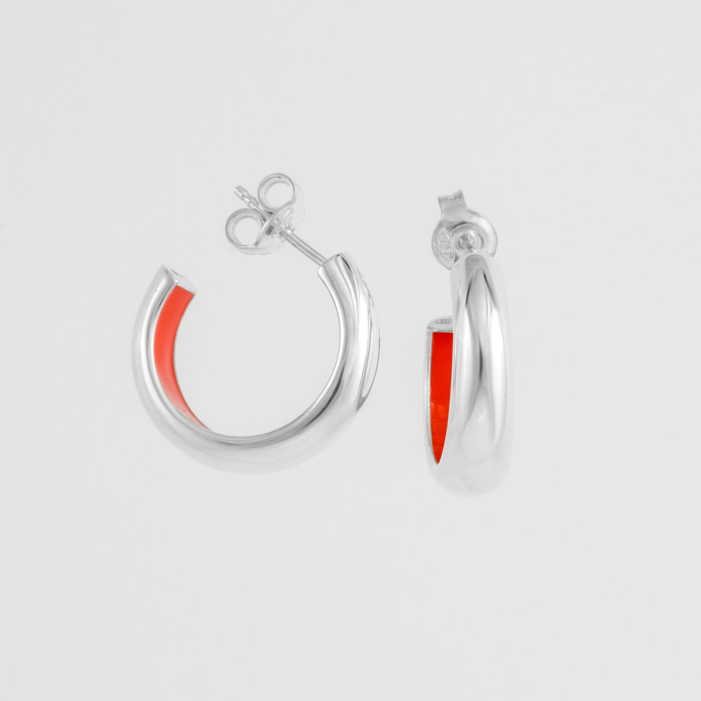 Hand-enameled 925 sterling silver coral dome earrings. Produced in Italy. Réveli