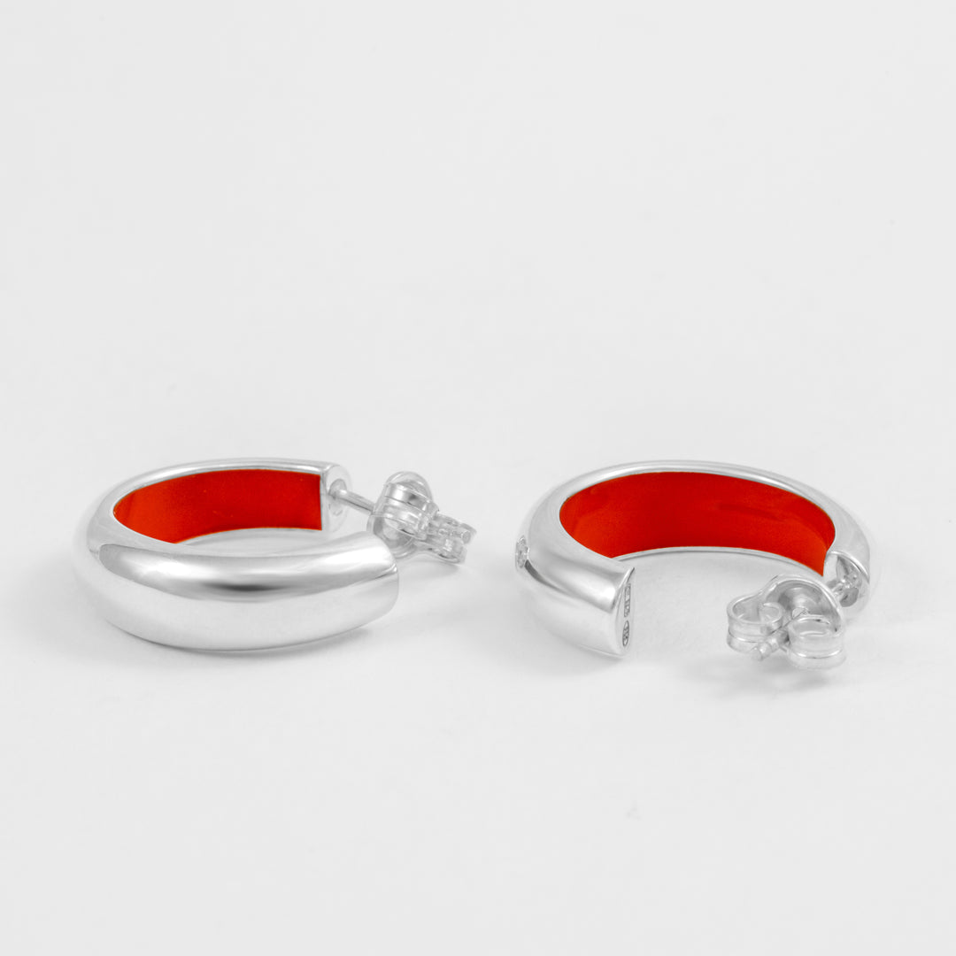 Hand-enameled 925 sterling silver coral dome earrings. Produced in Italy. Réveli