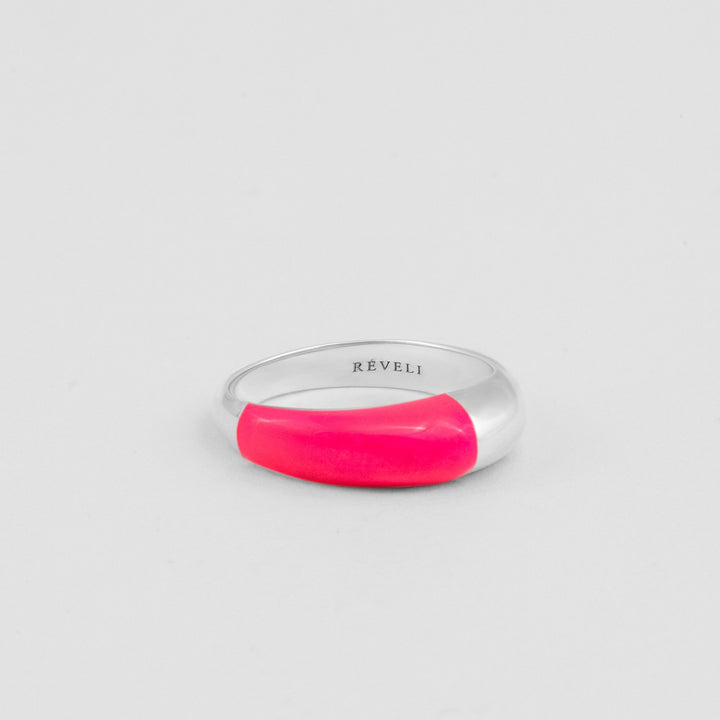 Hand-enameled 925 sterling silver dome ring with neon pink enamel. Produced in Italy. Réveli