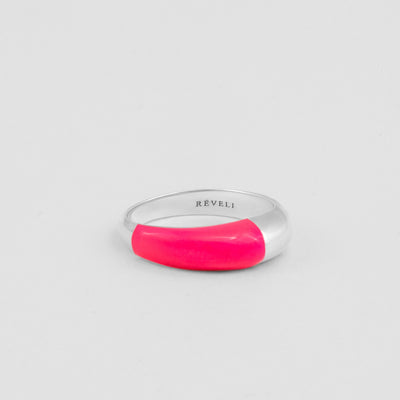 Hand-enameled 925 sterling silver dome ring with neon pink enamel. Produced in Italy. Réveli