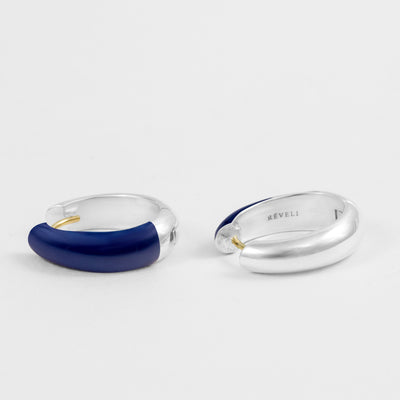 Hand-enameled oval dome earrings in 18K gold and 925 sterling silver and blue enamel. Produced in Italy. Réveli