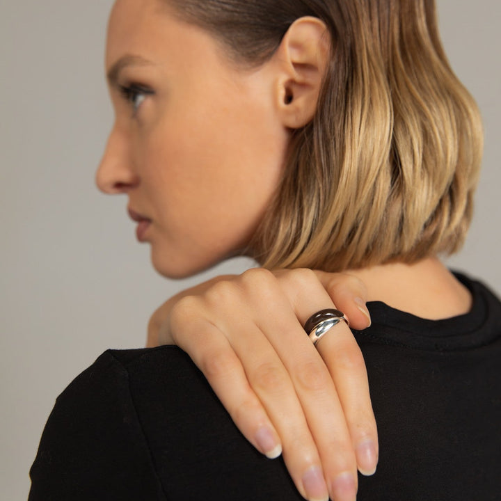 Hand-enameled 925 sterling silver brown double dome ring. Produced in Italy. Réveli