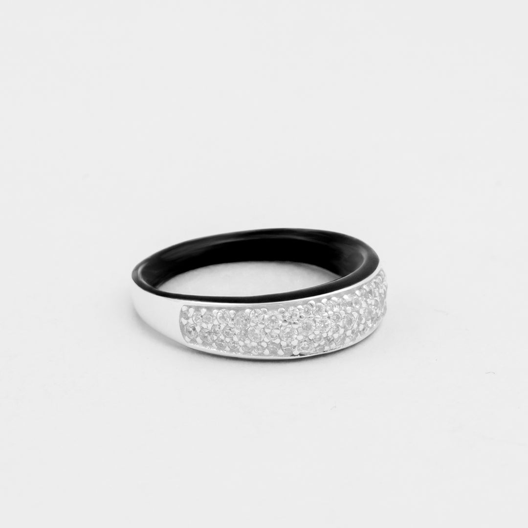 hand-enameled 925 sterling silver etch black dome ring with pavé