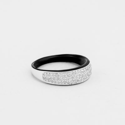 hand-enameled 925 sterling silver etch black dome ring with pavé