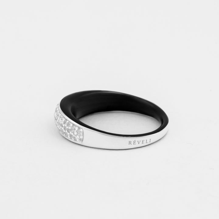 hand-enameled 925 sterling silver etch black dome ring with pavé