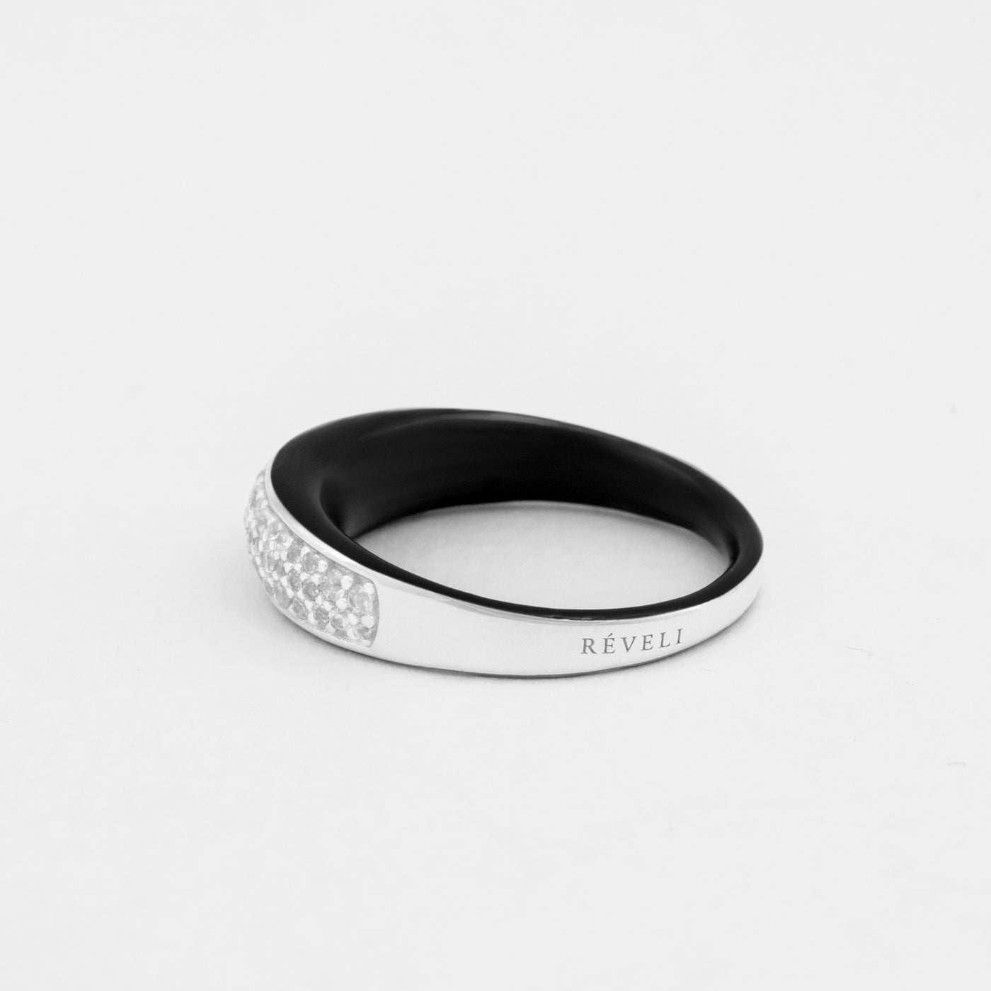 hand-enameled 925 sterling silver etch black dome ring with pavé