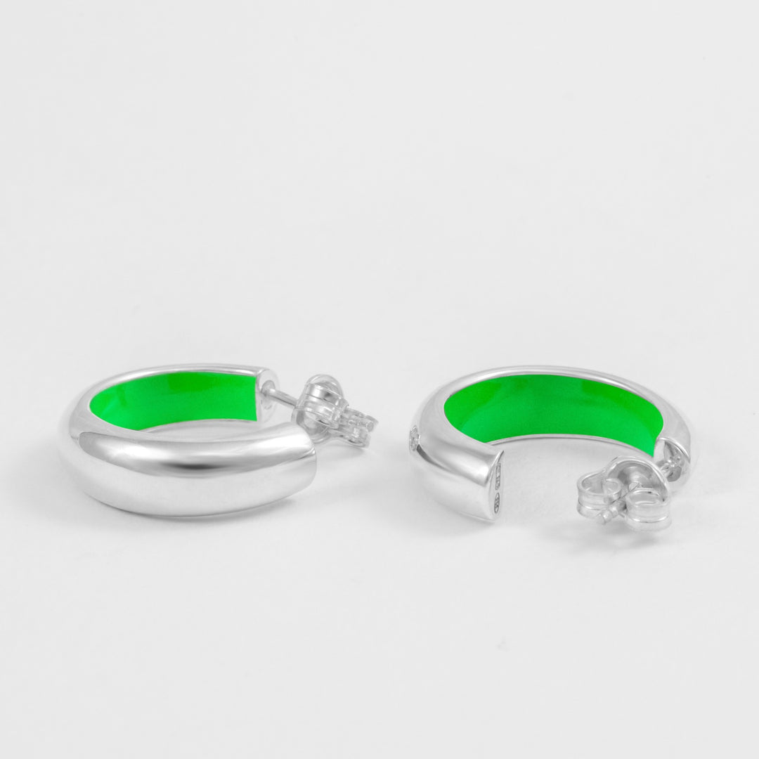 Hand-enameled 925 sterling silver neon green dome earrings. Produced in Italy. Réveli