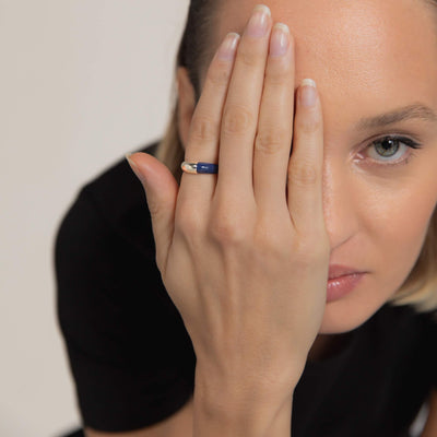 925 sterling silver etch dome ring with blue enamel