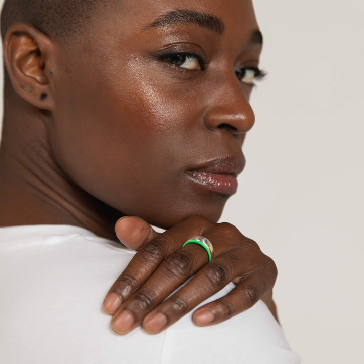 hand-enameled 925 sterling silver neon green dome ring