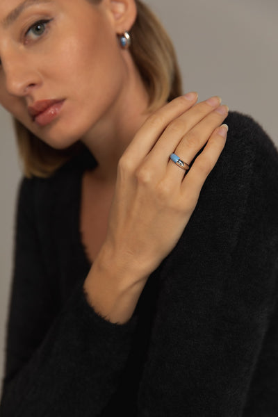 925 sterling silver light blue etch dome ring with enamel