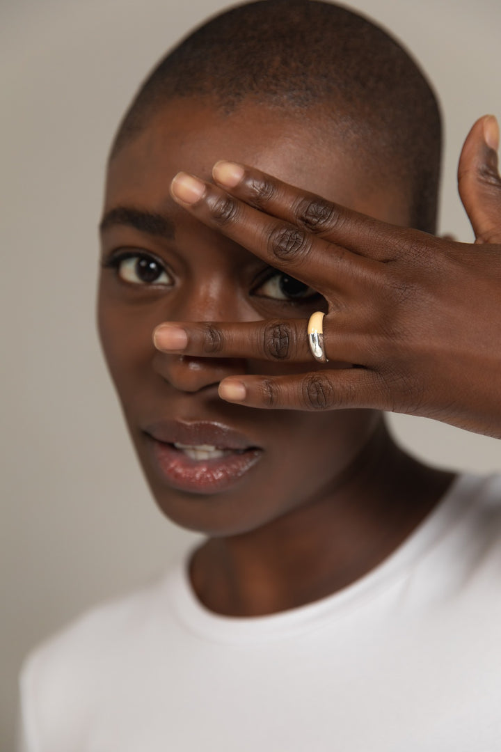 Hand-enameled 925 sterling silver dome ring with tapioca enamel. Produced in Italy. Réveli